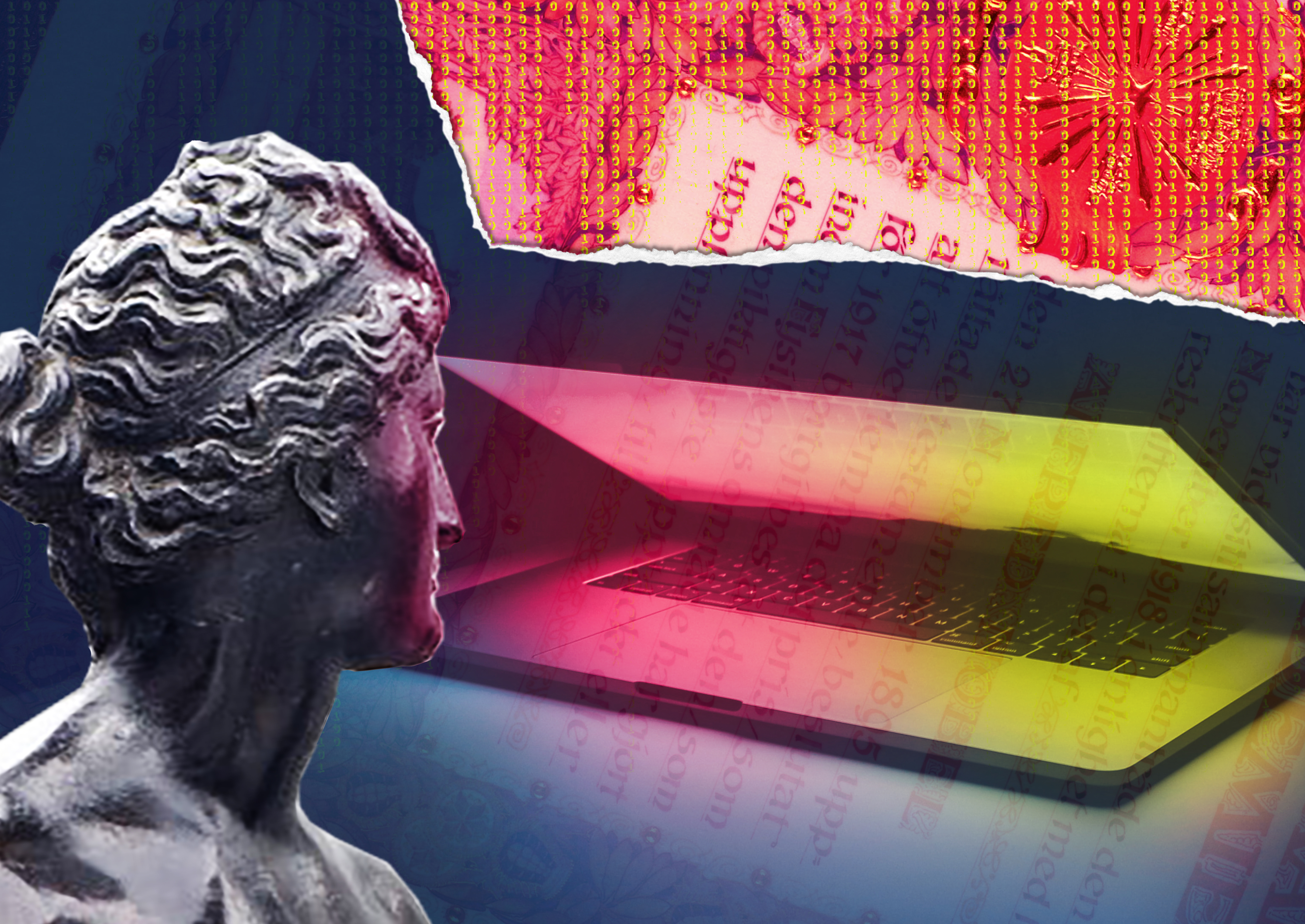 Statue, laptop, text. Graphic mashup made using Canva.