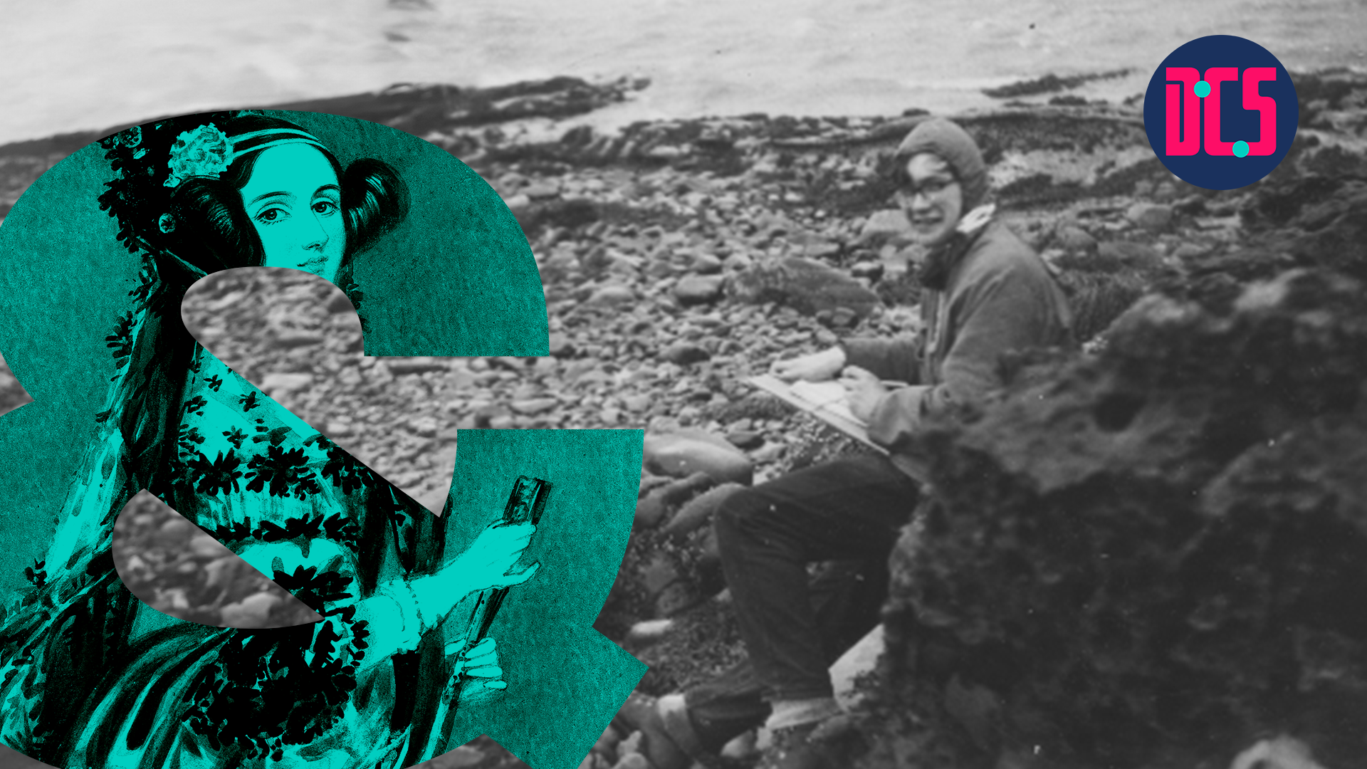 Person sitting on rocks by water and writing in notebook