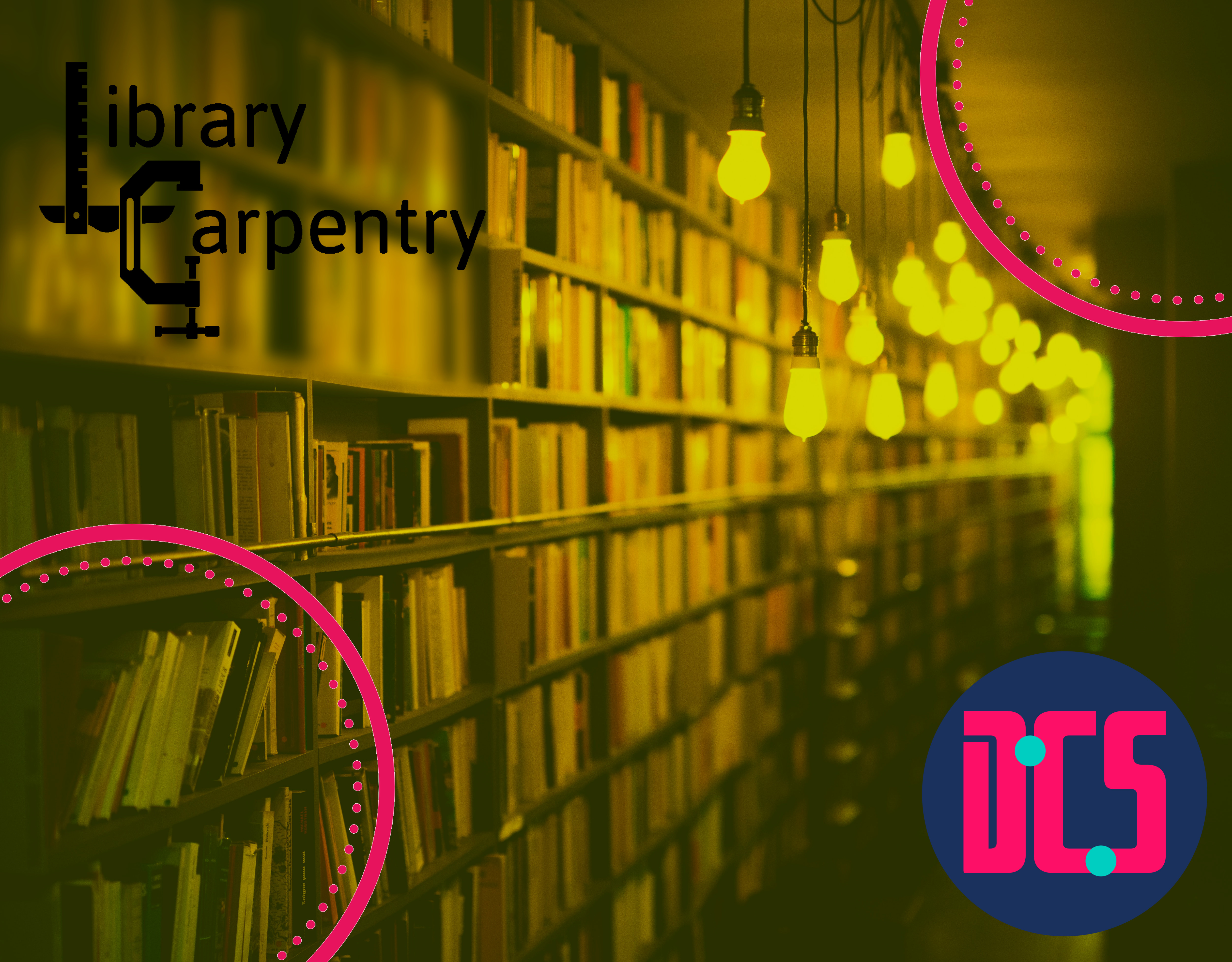 Library shelves with graphics and logo on top