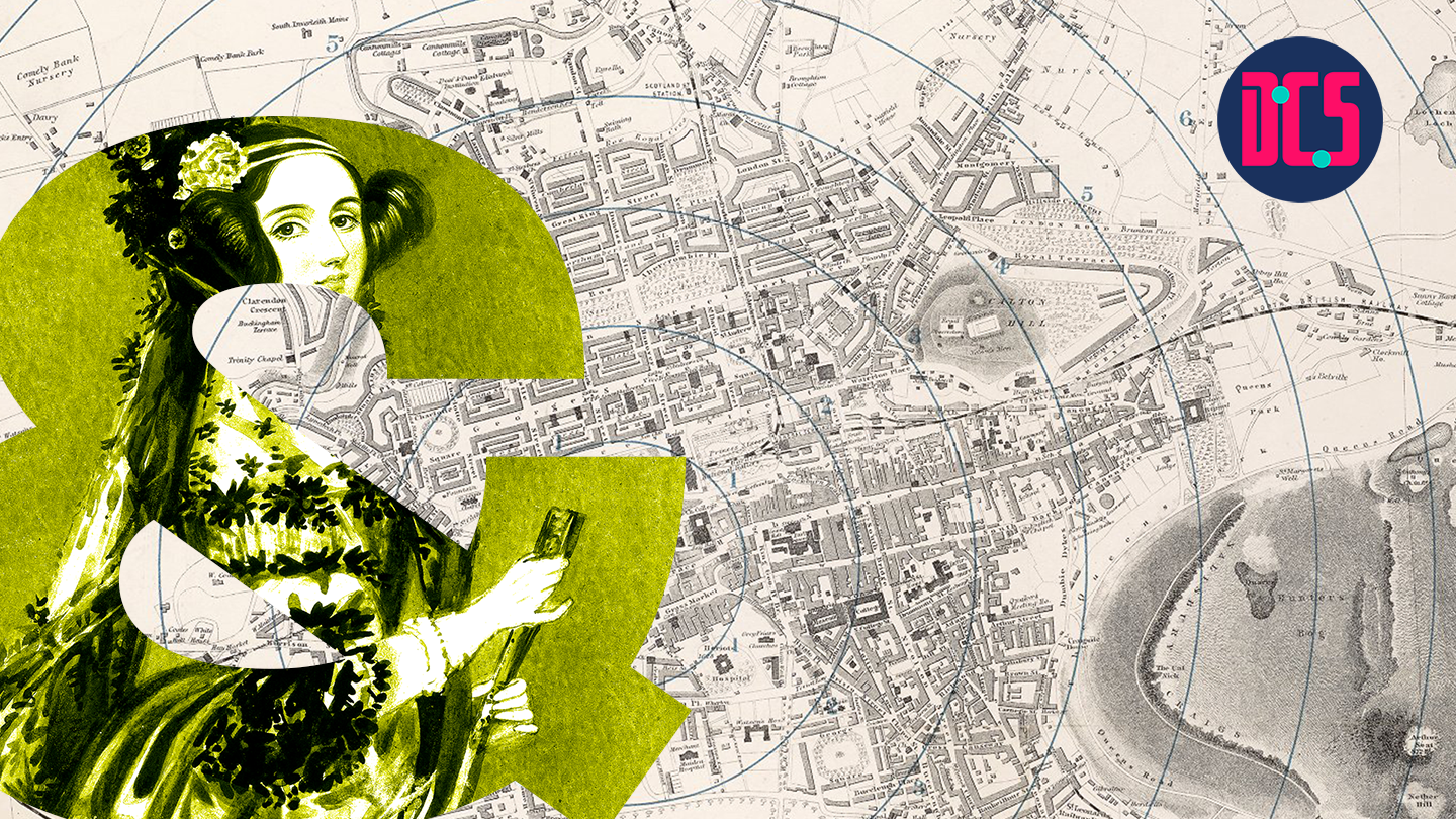 Map, ampersand with image of Ada Lovelace, CDCS logo