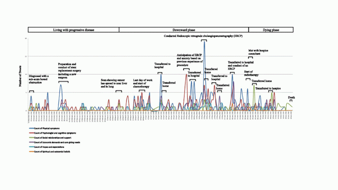 Histogramillustrating cancer end-of-life trajectories reported in the medical literature as reflected in social media postings.