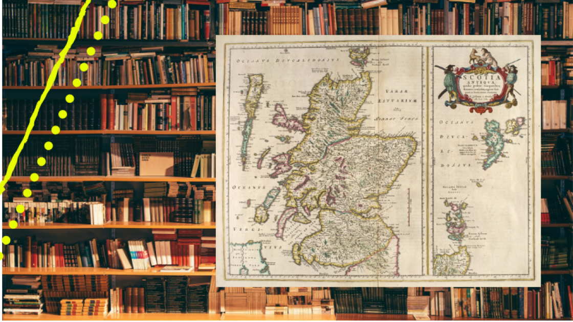 Graphic mashup featuring seventeenth century map of Scotland, and library shelves holding books