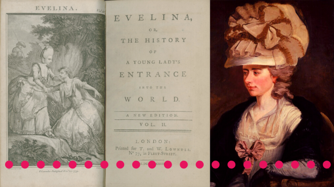 Illustration and cover page of first edition text of 'Evelina' by Frances Burney; portrait of Frances Burney
