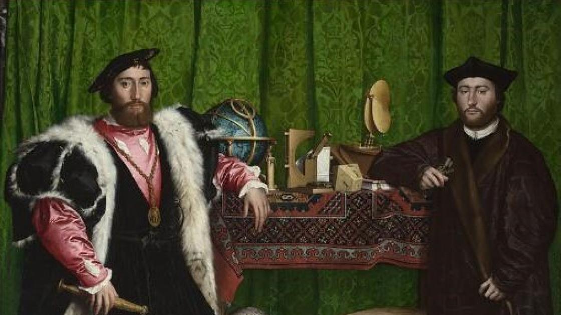 Holbein painting: renaissance, two ambassadors stand at a table