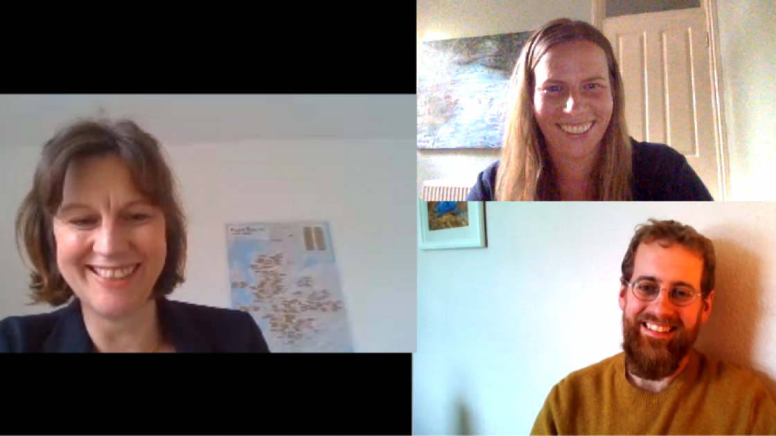Screenshot of Kate Wright, Mel Bunce and Martin Scott on a video call