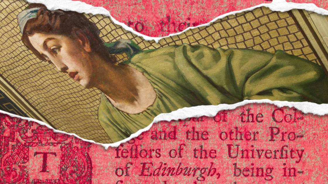 figure from a painting from the McEwan hall, shown behind a page of text with a pink overlay