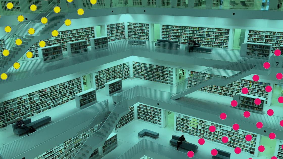Interior view of library with many floors