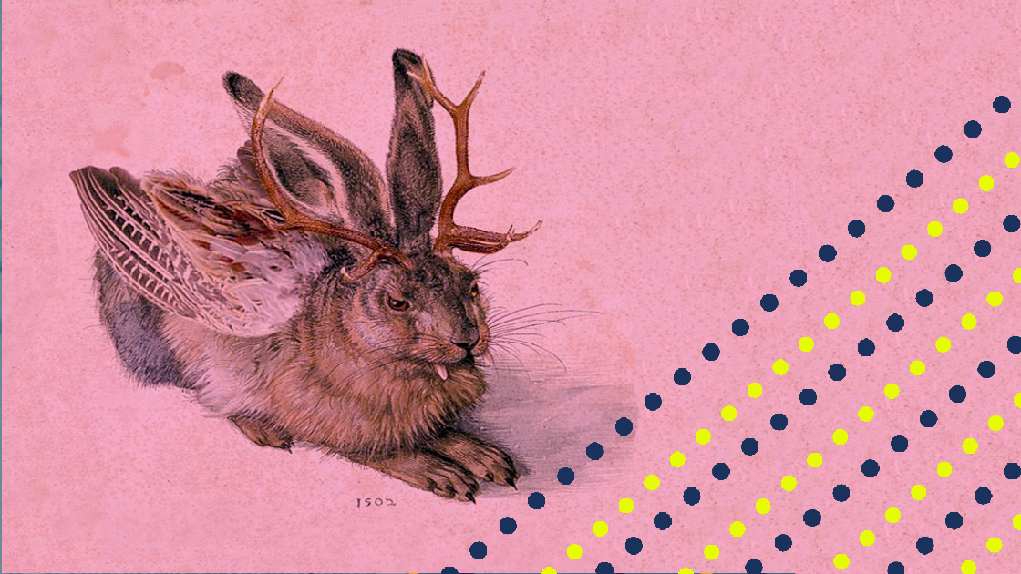 Illustration of rabbit with antlers and wings