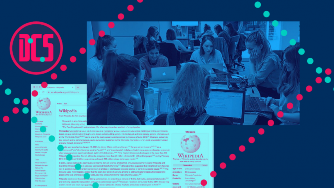 Graphic mashup of students computing and wikipedia page