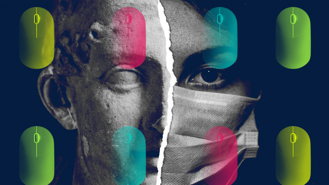 woman's face: half greek statue, half wearing mask with computer mouse pattern over it