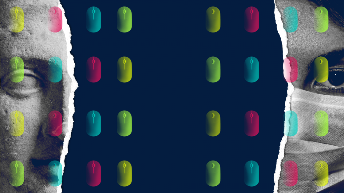 split faces with computer mouse print over 