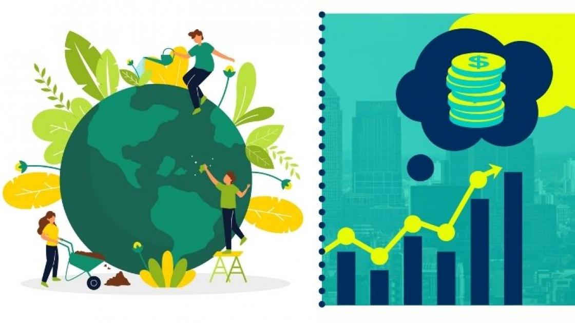Graphic illustration of globe next to graphs and coins