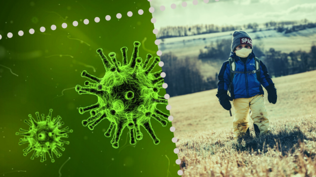 Design mashup featuring graphic illustration of a virus particle and image of a child outdoors wearing a face mask