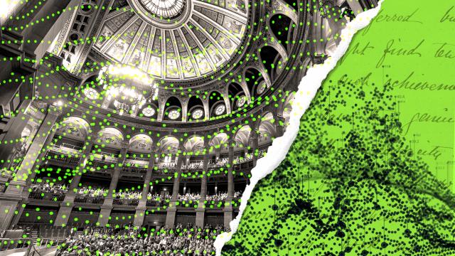 Graphic mashup of manuscript and McEwan Hall