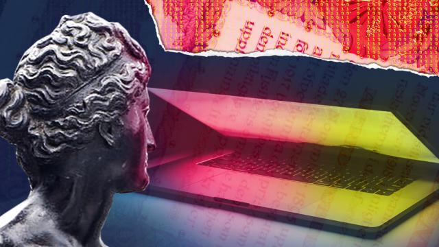 Statue, laptop, book pages