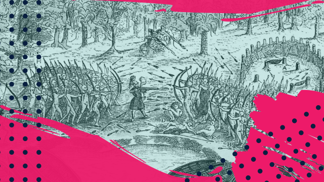 Graphich mashup using Canva. Samuel de Champlain Iroquois illustration.