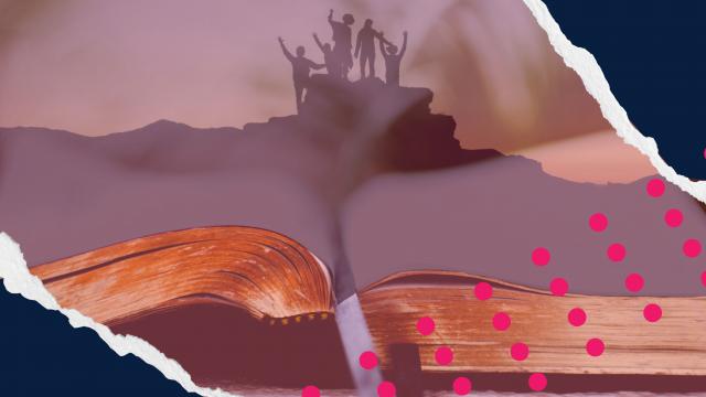 Graphic mashup using Canva. Five figures atop a hill emerging from an open book.